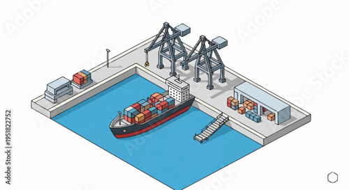 Isometric illustration of a busy shipping port with a cargo ship being loaded by cranes and forklifts near a warehouse.