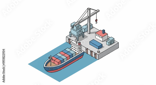 Isometric illustration of a cargo ship being loaded with containers at a port by a large crane.