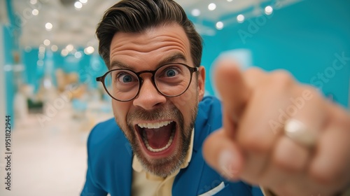 Energetic Man Pointing with Excitement