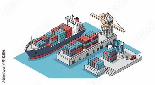 Illustration of a container ship docked at a port, with a crane loading and unloading cargo containers.