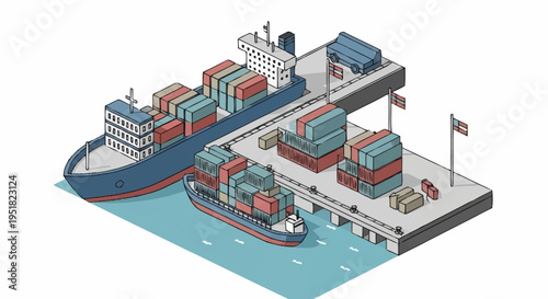 Isometric illustration of a busy shipping port with large cargo ships docked at a pier, loaded with numerous containers, ready for global trade and logistics.