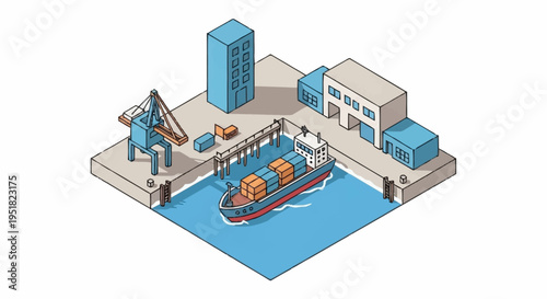 Isometric illustration of a cargo ship being loaded at a modern port with cranes and buildings.