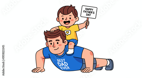 Strong dad doing push up with kid holding fathers day sign illustration