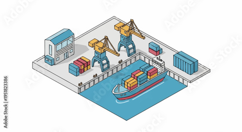 Isometric illustration of a busy shipping port with cargo cranes, containers, and a ship docked at the pier.