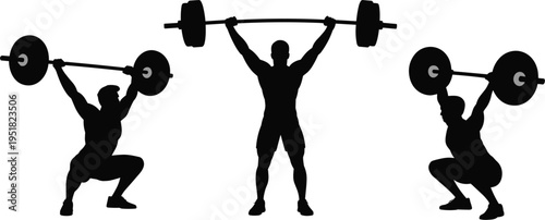 Weightlifting silhouette vector set, male athlete lifting barbell for gym, fitness and cross training workout