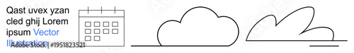 Scheduling, organization, weather forecasting, time management, calendar events, planning. Minimalist line art with calendar, clouds and landscape. Scheduling and organization concept