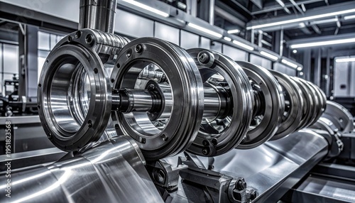 Polished cylindrical metal components with hollow centers on industrial surface, reflecting precision engineering and advanced manufacturing in a workshop setting.