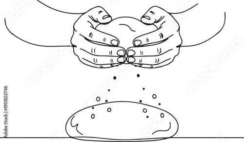 Line Art Illustration of Hands Kneading Dough for Baking Bread