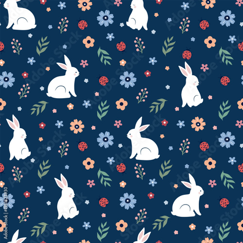 Colorful easter bunnies and ladybugs in floral pattern on blue background springtime celebration