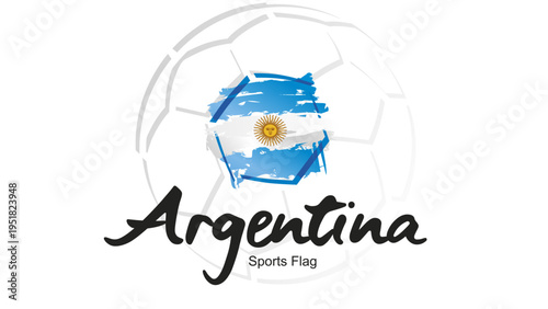 Abstract soccer ball sport icon label banner with Argentina national flag ribbon handwritten typography lettering