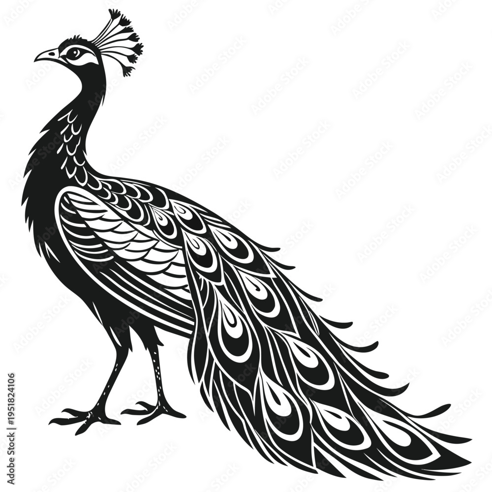 Fototapeta premium Elegant black and white peacock illustration, stylized bird silhouette with detailed plumage and feathers, decorative graphic design