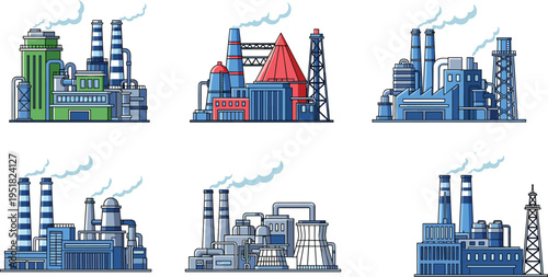 Industrial factory plants collection, oil refinery power station and manufacturing facilities, heavy industry buildings with smokestacks, flat vector energy infrastructure illustration set