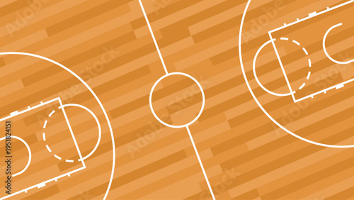 Basketball court with wooden floor and white lines. Overhead view.