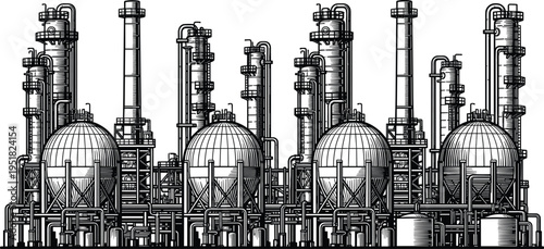 Industrial oil refinery factory skyline vector illustration, petrochemical plant infrastructure, energy production facility, pipelines, storage tanks, heavy industry 