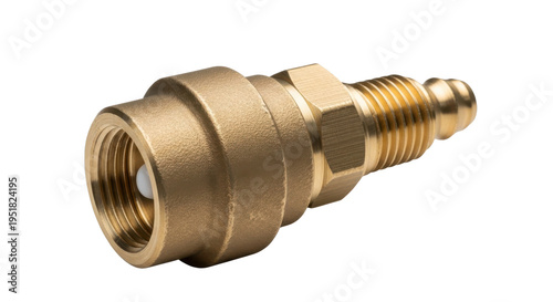 A single brass fitting with threaded connectors and a white valve component isolated on a transparent background representing industrial plumbing and gas connections transparent background