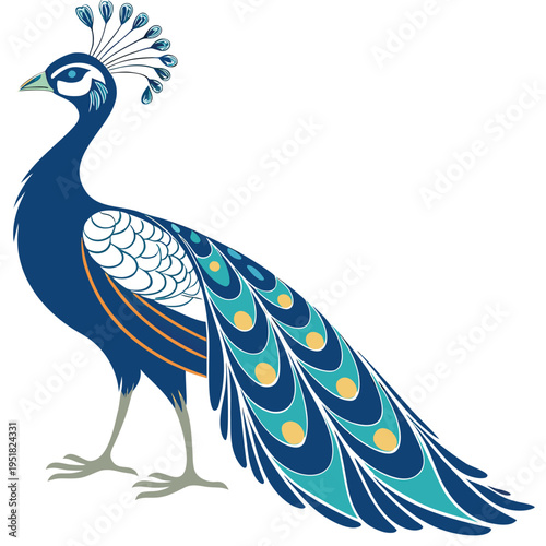 Elegant peacock illustration with vibrant blue and green plumage