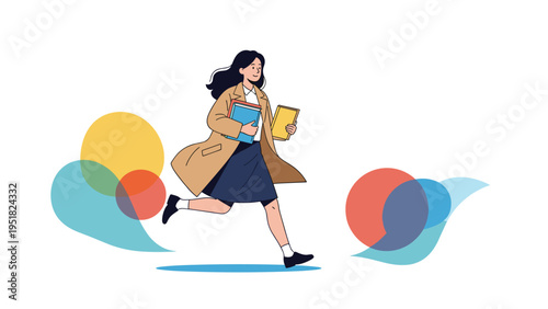Young girl with books runs happily against a background of colorful overlapping circles representing student life and education.