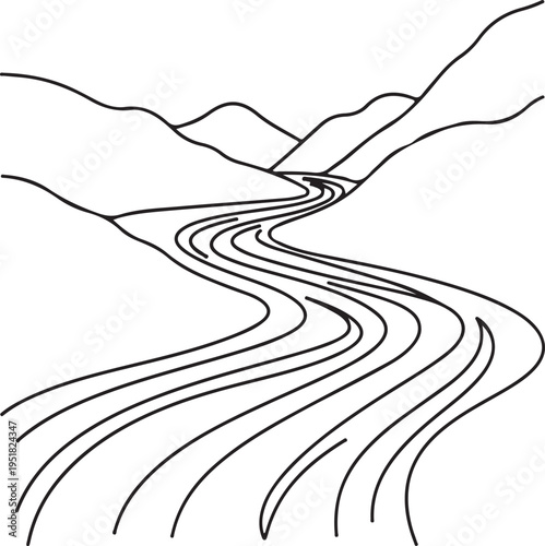 Minimalist River and Mountain Landscape Line Art Illustration