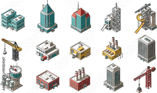 isometric industrial buildings icons set, factory plants construction cranes, urban industry infrastructure, manufacturing facilities, city architecture vector illustration collection