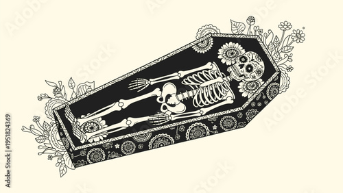 Skeleton lies peacefully inside an ornate coffin decorated with floral patterns and surrounded by blooming flowers for folk traditions.