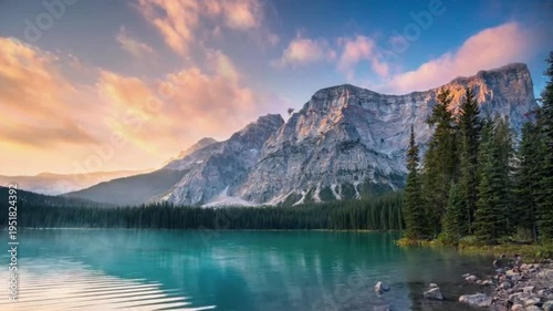 Mountain range and lake landscape with trees under a blue and orange sky