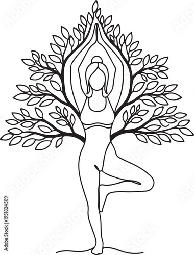 Yoga Tree Pose Line Art Illustration for Wellness and Meditation
