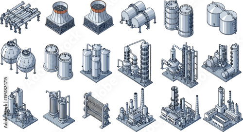 Isometric industrial refinery equipment set, chemical processing tanks, cooling towers, reactors and distillation columns, petrochemical factory machinery vector illustration collection