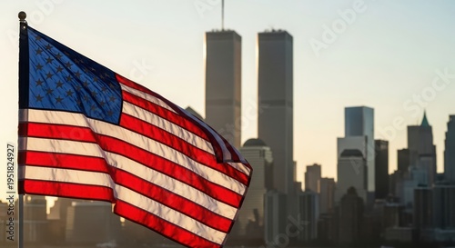 American flag waving in front of New York City skyline with Twin Towers