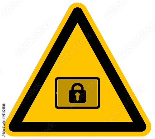 Señal de advertencia amarilla con tableta digital y candado seguridad de datos y ciberseguridad ilustración vectorial