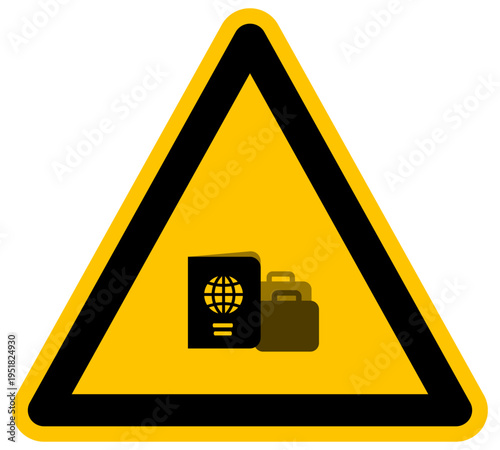 Señal de advertencia amarilla con pasaporte y maletas de viaje turismo y control de fronteras ilustración vectorial