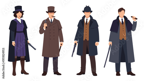 Four victorian era detectives in long coats and top hats hold classic weapons while posing in a stylized character collection graphic.