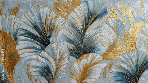 Luxurious abstract gray, white and gold floral painting
