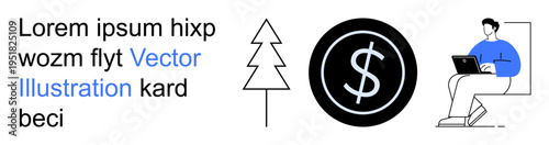 Financial technology, online learning, minimal design, work from home, forestry, savings. A dollar sign in a black circle, tree outline man using a laptop. Financial technology and online learning