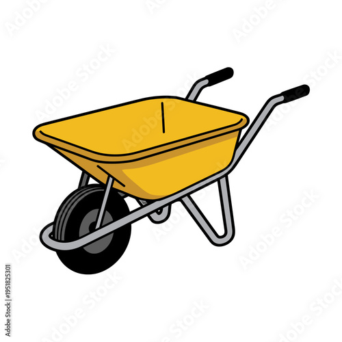 Yellow cartoon wheelbarrow with one wheel and metal handles illustration