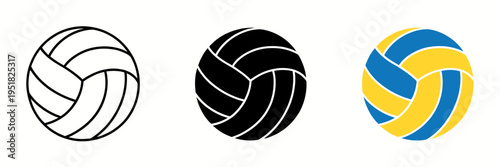 Three volleyball icons in different colors on white background