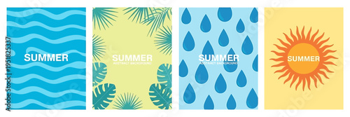 Summer abstract backgrounds with tropical leaves and sun icons  seasonal graphic resources