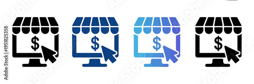 Ecommerce store icons with computer monitors and dollar signs online shopping symbols