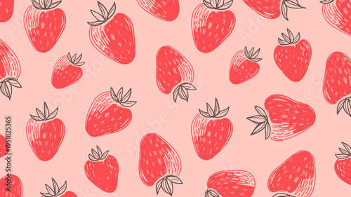 A vibrant illustration of strawberries on a pink background with green leaves