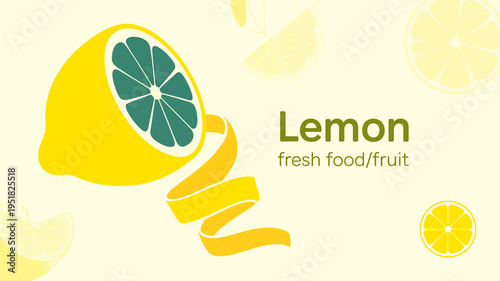 Fresh lemon fruit with peel and slices on yellow background