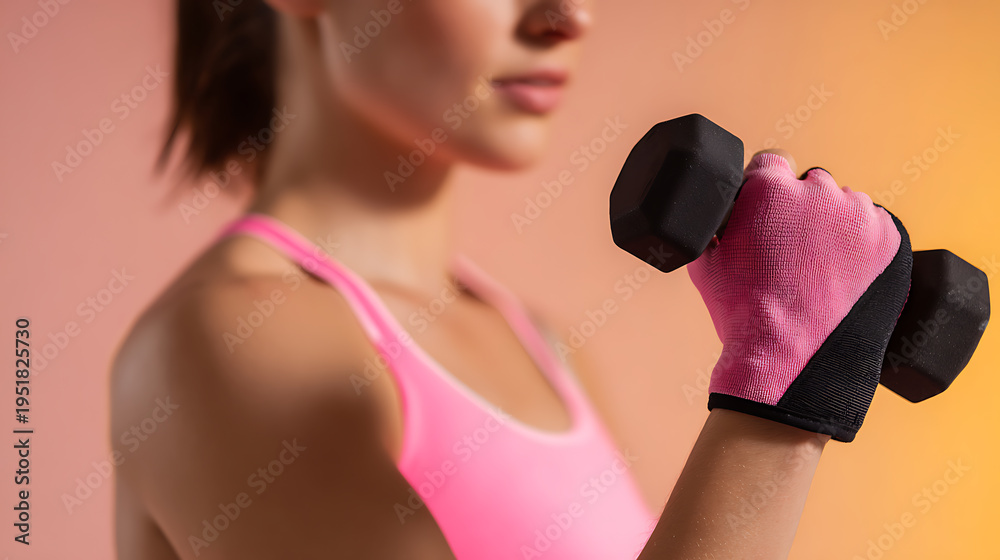 Fototapeta premium Woman Lift Dumbbell with Pink Gloves in Fitness Workout, Female Exercise for Health and Strength, Active Lifestyle