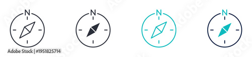 Compass navigation icons, compass direction symbol, navigation compass icon in line and silhouette style, vector illustration