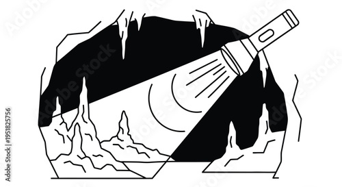 A flashlight beam illuminates a dark jagged cave opening with dripping stalactites