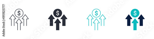 Financial growth icons, money increase arrows symbol, business profit and investment icon in line and silhouette style, vector illustration