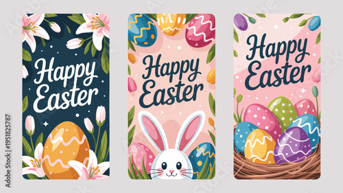 Set of three elegant Happy Easter social media story templates with cute bunny, colorful eggs and spring flowers vector illustration