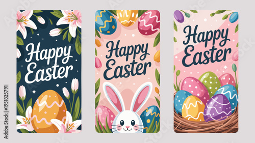 Set of three elegant Happy Easter social media story templates with cute bunny, colorful eggs and spring flowers vector illustration