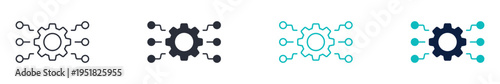 System integration icons, workflow automation gear with connection nodes icon, process technology icon in line and silhouette style, vector illustration