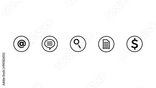 Minimal Line Communication Icons Set Email Chat Search Document Dollar Symbol