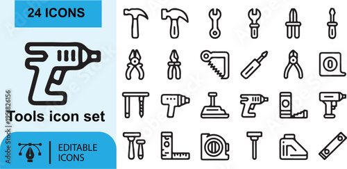 A simple black vector icon set of tools and symbols for web, business, and design use