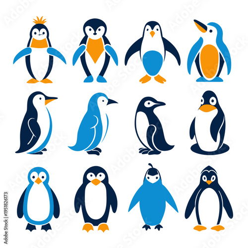 Collection of varied stylized penguin illustrations on white background
