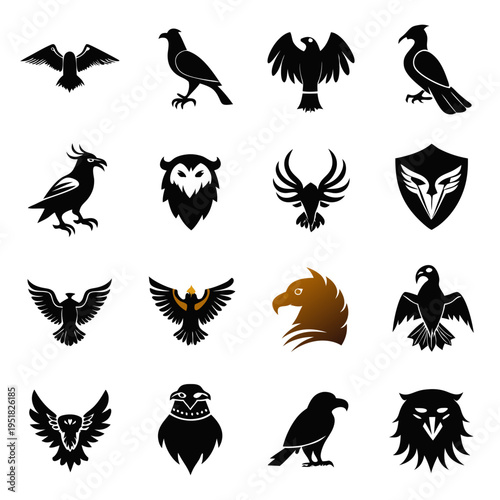 Silhouette raptor bird icons symbolizing strength and avian prowess